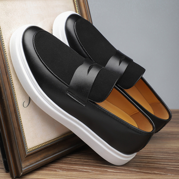 Ανδρικά δερμάτινα παπούτσια – slip-on loafers, PU επάνω μέρος, καουτσούκ σόλα, στρογγυλός δάκτυλος, χαμηλό ύψος, βρετανικό στυλ, ελαφριά, καθημερινή άνεση