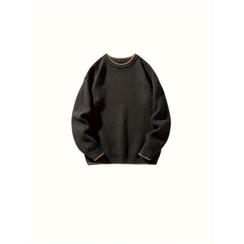 Мъжки пуловер с ретро цветен блок, свободна кройка, кръгла яка, плътен модал