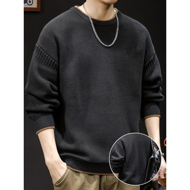 Vyrų retro spalvų blokinis megztinis, laisvas kirpimas, apvali kakla, storas modalinis audinys