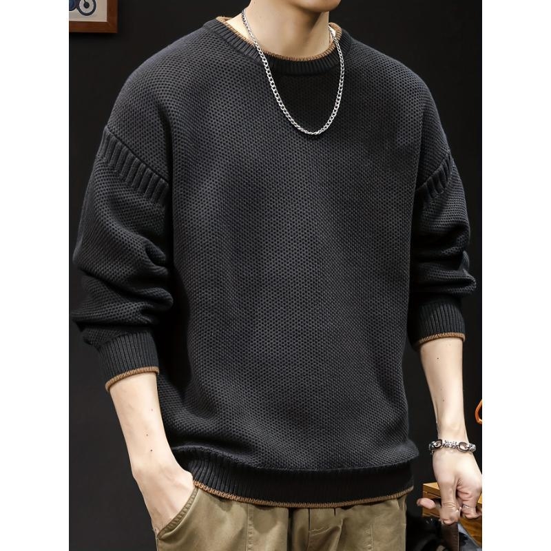 Vyrų retro spalvų blokinis megztinis, laisvas kirpimas, apvali kakla, storas modalinis audinys