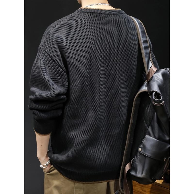 Vyrų retro spalvų blokinis megztinis, laisvas kirpimas, apvali kakla, storas modalinis audinys