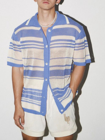 Мъжки плетен кардиган с къс ръкав, лафел яка, прорези, на ивици, памук