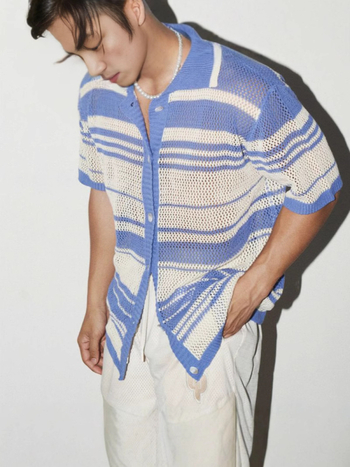 Мъжки плетен кардиган с къс ръкав, лафел яка, прорези, на ивици, памук