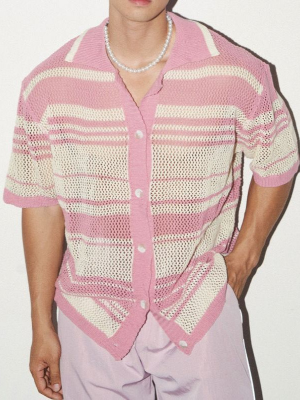 Cardigan tricotat pentru bărbați, mâneci scurte, croială lejeră, guler rever, model perforat în dungi, din bumbac