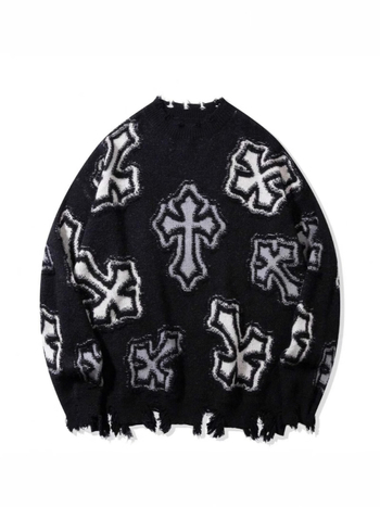 Pulover tricotat cu model încrucișat, jacquard, guler rotund, croială lejeră, primăvara 2025