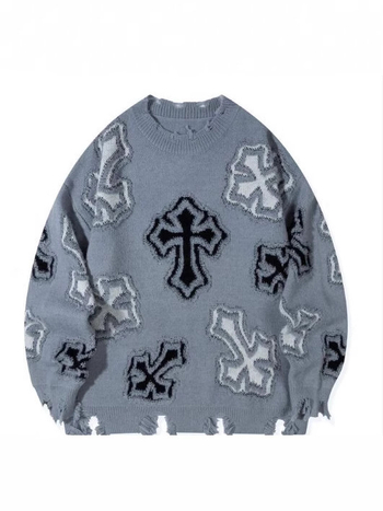 Плетен пуловер (кръстосан модел, жакардов плет, кръгло деколте, свободен силует, Пролет 2025)