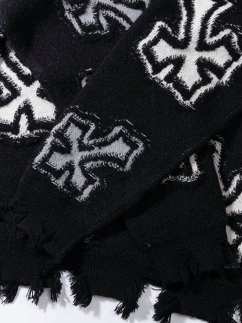 Плетен пуловер (кръстосан модел, жакардов плет, кръгло деколте, свободен силует, Пролет 2025)