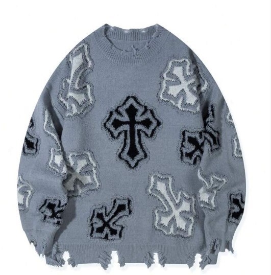 Pulover tricotat cu model încrucișat, jacquard, guler rotund, croială lejeră, primăvara 2025