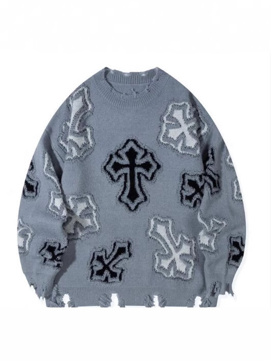 Pulover tricotat cu model încrucișat, jacquard, guler rotund, croială lejeră, primăvara 2025