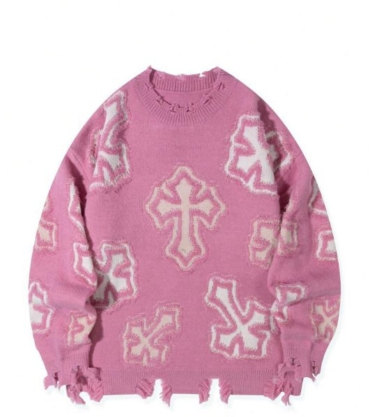 Pulover tricotat cu model încrucișat, jacquard, guler rotund, croială lejeră, primăvara 2025