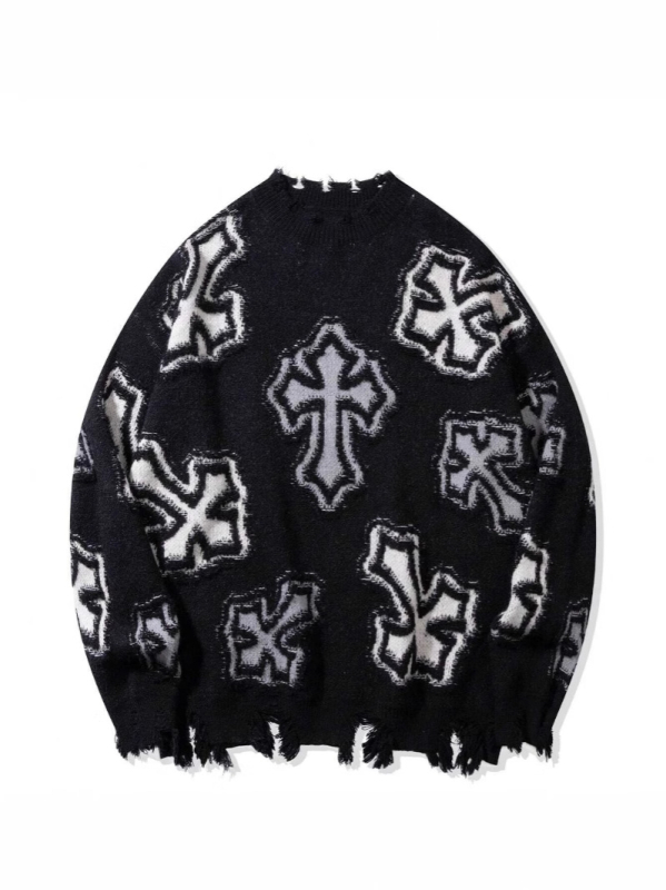 Pulover tricotat cu model încrucișat, jacquard, guler rotund, croială lejeră, primăvara 2025