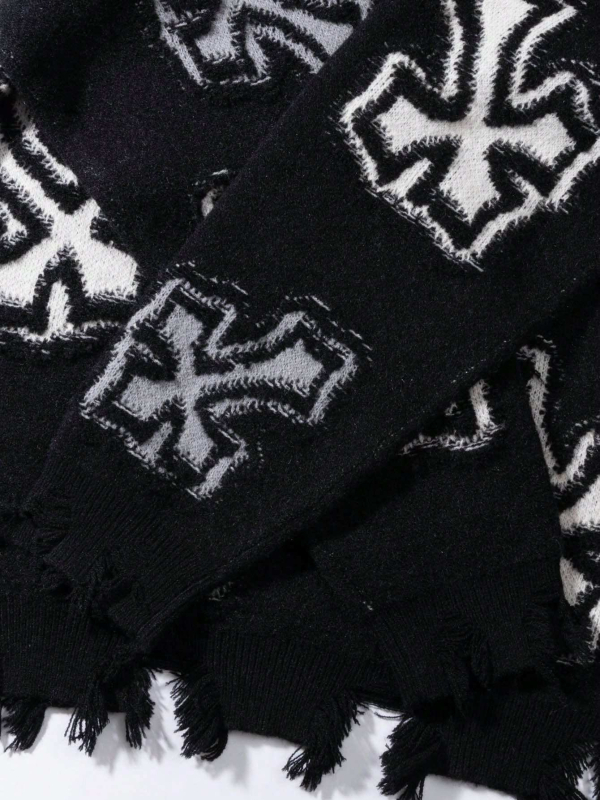 Pulover tricotat cu model încrucișat, jacquard, guler rotund, croială lejeră, primăvara 2025