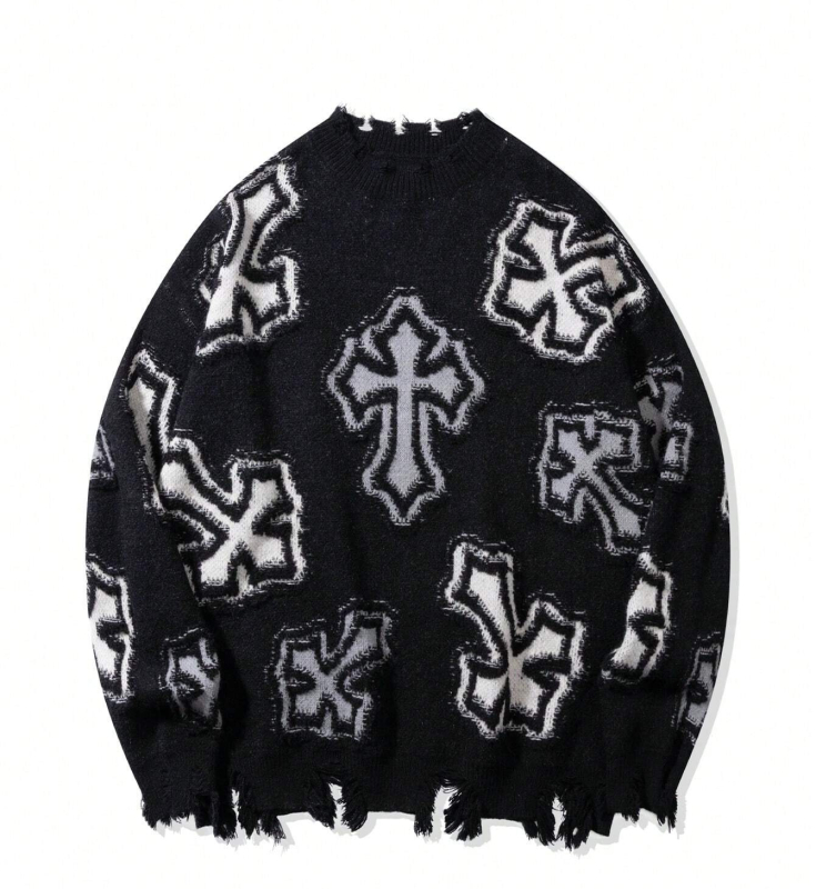 Pulover tricotat cu model încrucișat, jacquard, guler rotund, croială lejeră, primăvara 2025