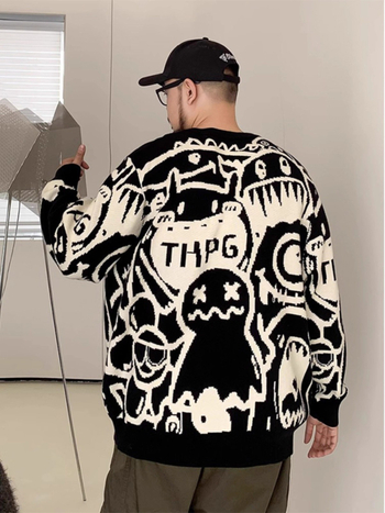 Мъжки пуловер жакардов с пълен принт, кръгло деколте, свободен силует, дълъг ръкав, 100% полиестер