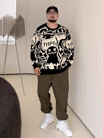 Мъжки пуловер жакардов с пълен принт, кръгло деколте, свободен силует, дълъг ръкав, 100% полиестер