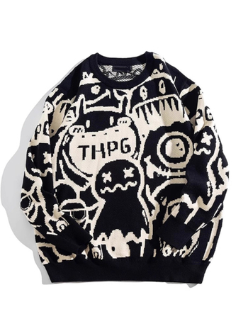 Мъжки пуловер жакардов с пълен принт, кръгло деколте, свободен силует, дълъг ръкав, 100% полиестер