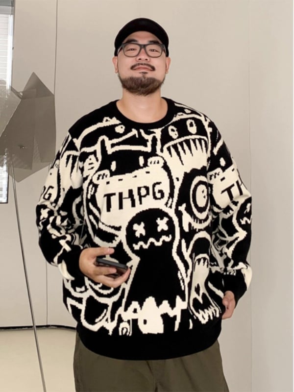 Pulover tricotat pentru bărbați cu imprimeu jacquard all-over, guler rotund, mâneci lungi, croială lejeră, 100% poliester