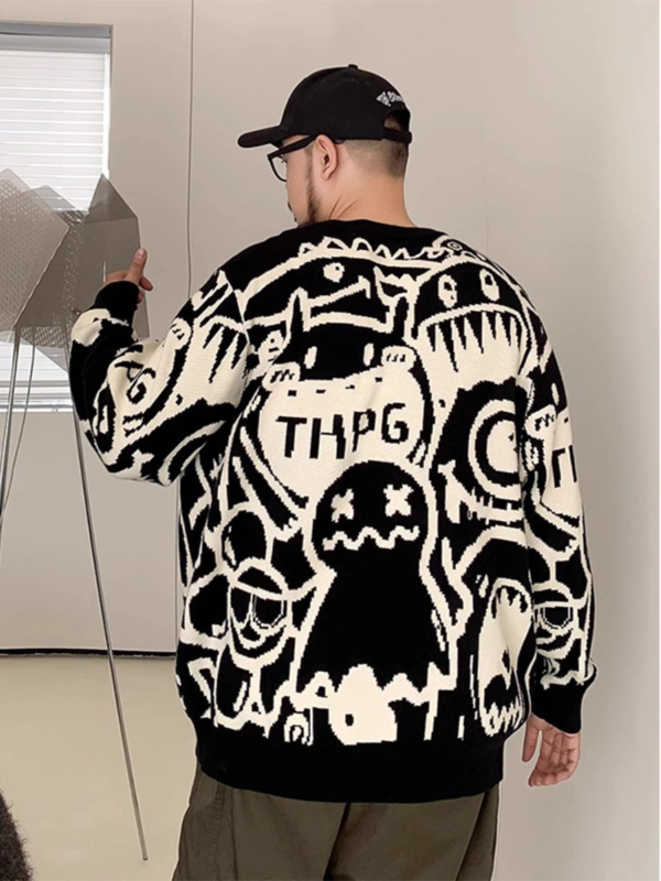 Pulover tricotat pentru bărbați cu imprimeu jacquard all-over, guler rotund, mâneci lungi, croială lejeră, 100% poliester