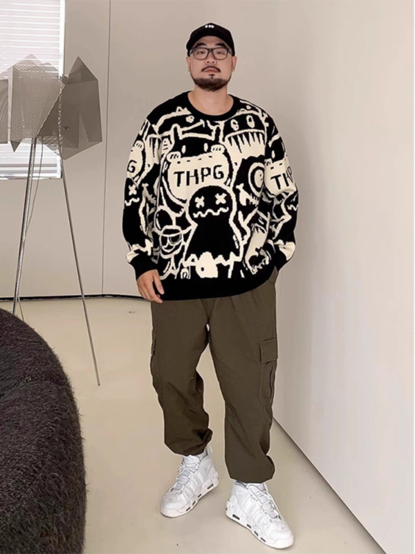 Pulover tricotat pentru bărbați cu imprimeu jacquard all-over, guler rotund, mâneci lungi, croială lejeră, 100% poliester