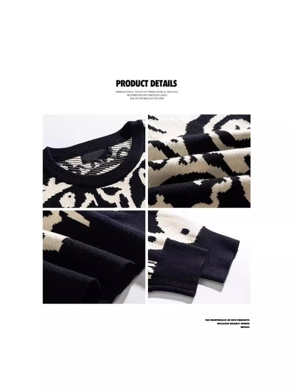 Pulover tricotat pentru bărbați cu imprimeu jacquard all-over, guler rotund, mâneci lungi, croială lejeră, 100% poliester