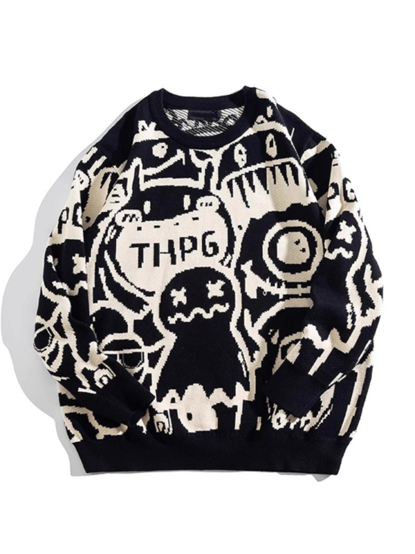 Pulover tricotat pentru bărbați cu imprimeu jacquard all-over, guler rotund, mâneci lungi, croială lejeră, 100% poliester