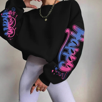 Пуловер с качулка - дебелен полиестер, принт, V-образно деколте, свободен силует, 3D джоб