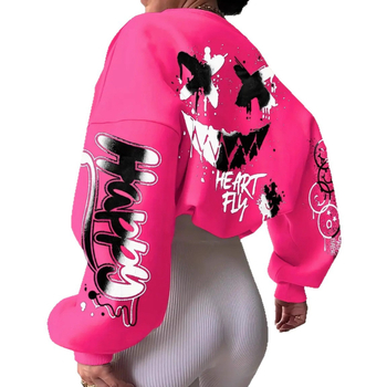 Пуловер с качулка - дебелен полиестер, принт, V-образно деколте, свободен силует, 3D джоб