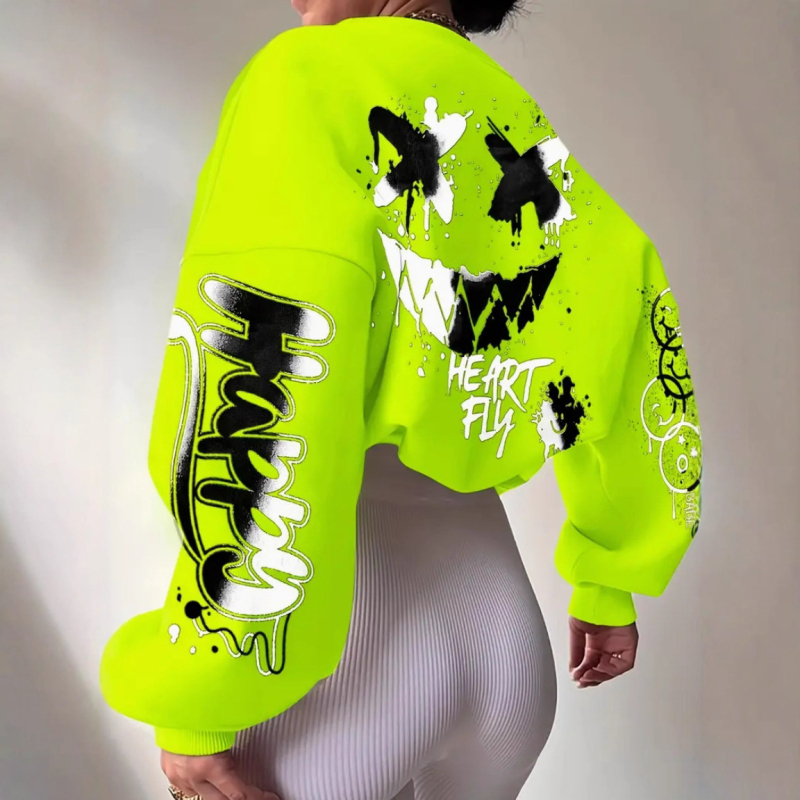 Hanorac-pulover cu glugă – poliester gros, imprimeu, decolteu în V, mâneci lungi, croială lejeră, buzunar patch 3D