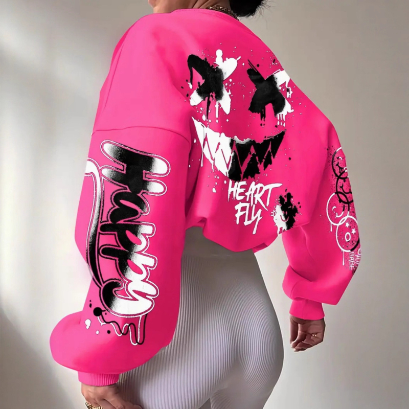 Hanorac-pulover cu glugă – poliester gros, imprimeu, decolteu în V, mâneci lungi, croială lejeră, buzunar patch 3D