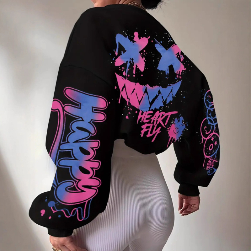 Hanorac-pulover cu glugă – poliester gros, imprimeu, decolteu în V, mâneci lungi, croială lejeră, buzunar patch 3D