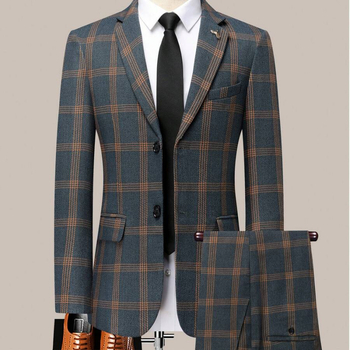 Мъжки костюм от две части в каре, четирисезонен стил, тесен силует (ацетатно влакно; смес от синтетични влакна; три реда копчета; 2023 лято)