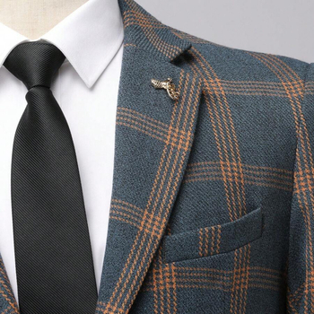 Мъжки костюм от две части в каре, четирисезонен стил, тесен силует (ацетатно влакно; смес от синтетични влакна; три реда копчета; 2023 лято)
