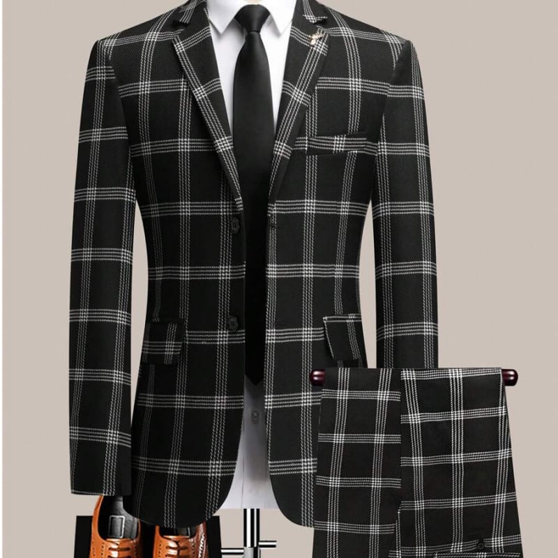 Мъжки костюм от две части в каре, четирисезонен стил, тесен силует (ацетатно влакно; смес от синтетични влакна; три реда копчета; 2023 лято)
