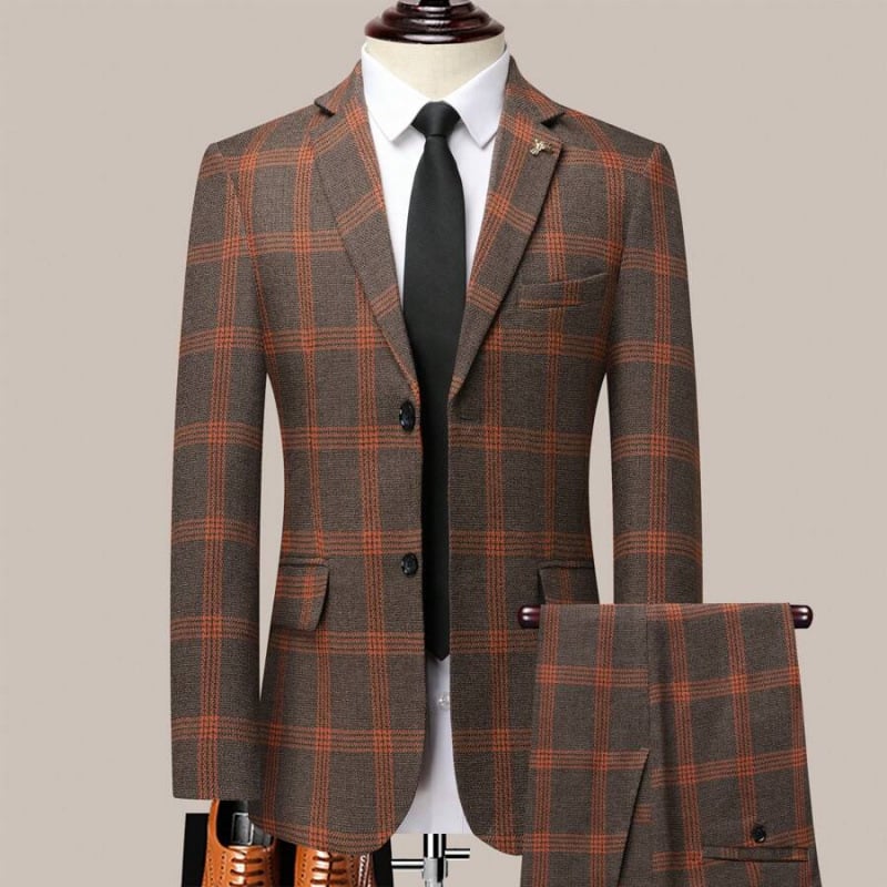 Мъжки костюм от две части в каре, четирисезонен стил, тесен силует (ацетатно влакно; смес от синтетични влакна; три реда копчета; 2023 лято)