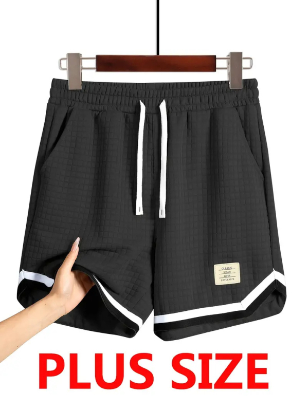 Vasaros vyriški šortai su patikrinta juosta, raištis, tiesus kirpimas, medvilnės mišinio audinys (65% poliesteris)