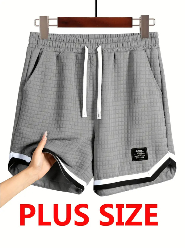 Vasaros vyriški šortai su patikrinta juosta, raištis, tiesus kirpimas, medvilnės mišinio audinys (65% poliesteris)