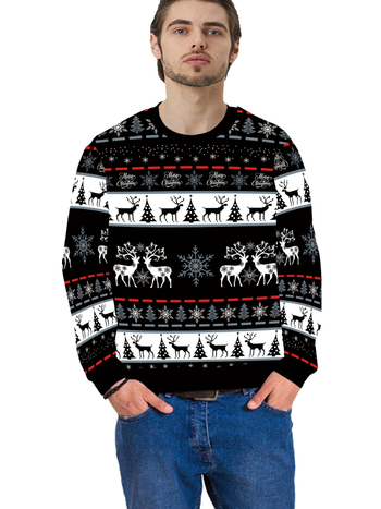 Hanorac cu imprimeu all-over cu reni și fulgi de zăpadă - guler rotund, material poliester, lungime ultra scurtă (≤40 cm)