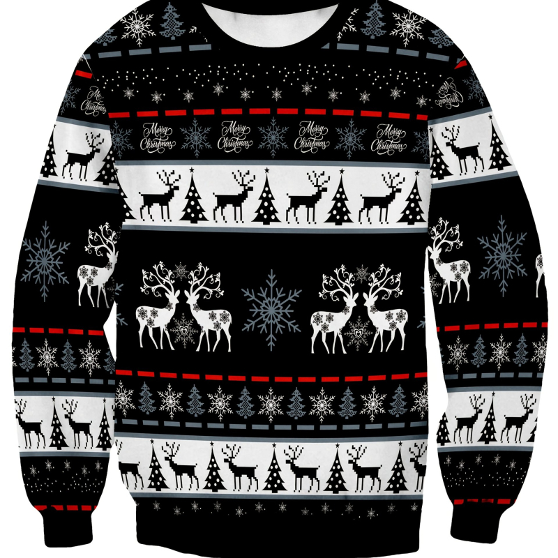 Hanorac cu imprimeu all-over cu reni și fulgi de zăpadă - guler rotund, material poliester, lungime ultra scurtă (≤40 cm)