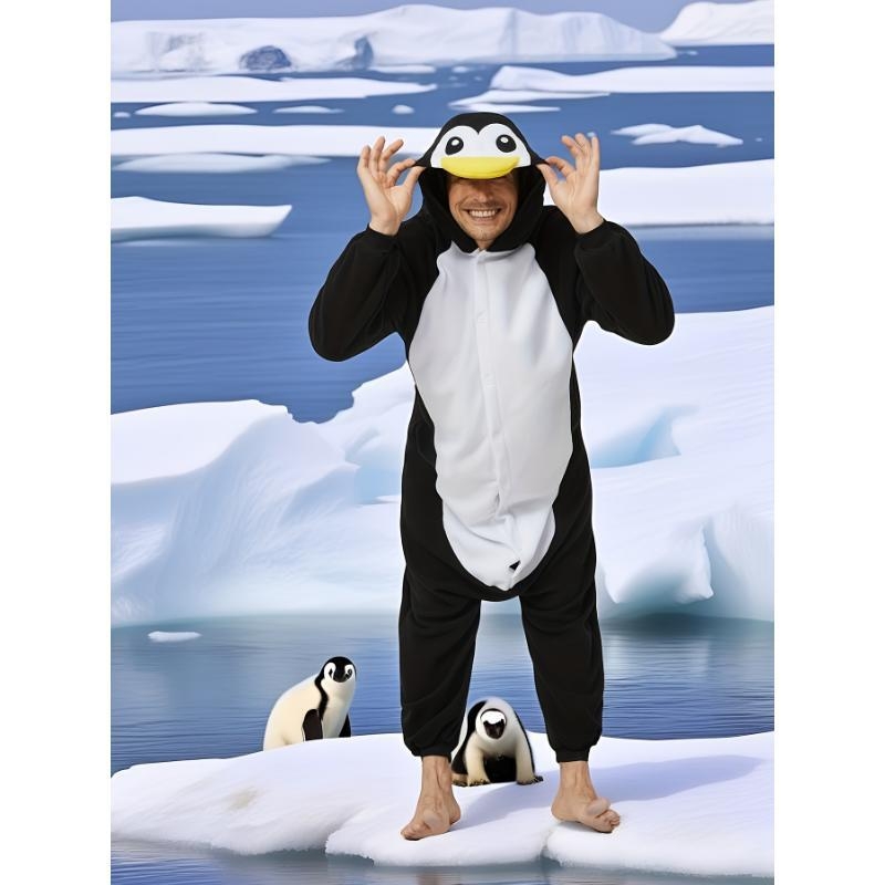 Pieaugušu vīriešu kapucēta pingvīna onesie pidžama – Poliesteris, Half Fleece, Karikatūru stils, Kokvilnas saturs <30%