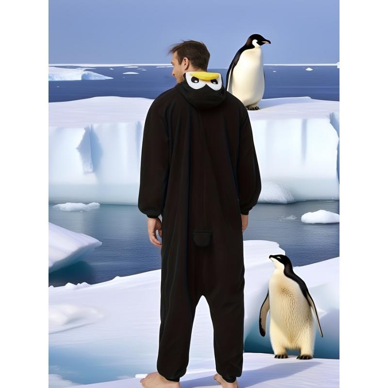 Pieaugušu vīriešu kapucēta pingvīna onesie pidžama – Poliesteris, Half Fleece, Karikatūru stils, Kokvilnas saturs <30%