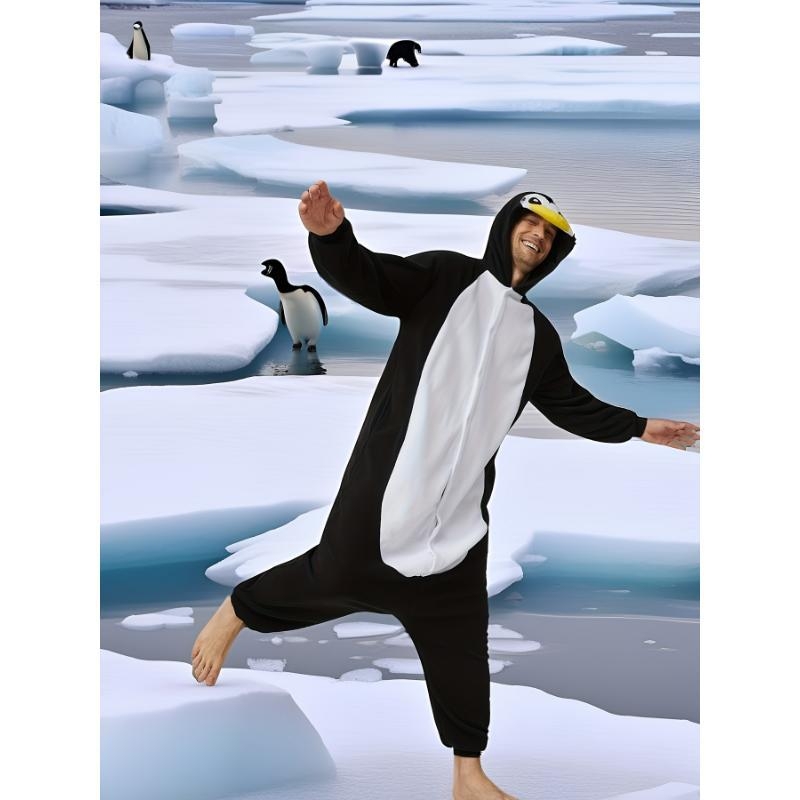 Pieaugušu vīriešu kapucēta pingvīna onesie pidžama – Poliesteris, Half Fleece, Karikatūru stils, Kokvilnas saturs <30%