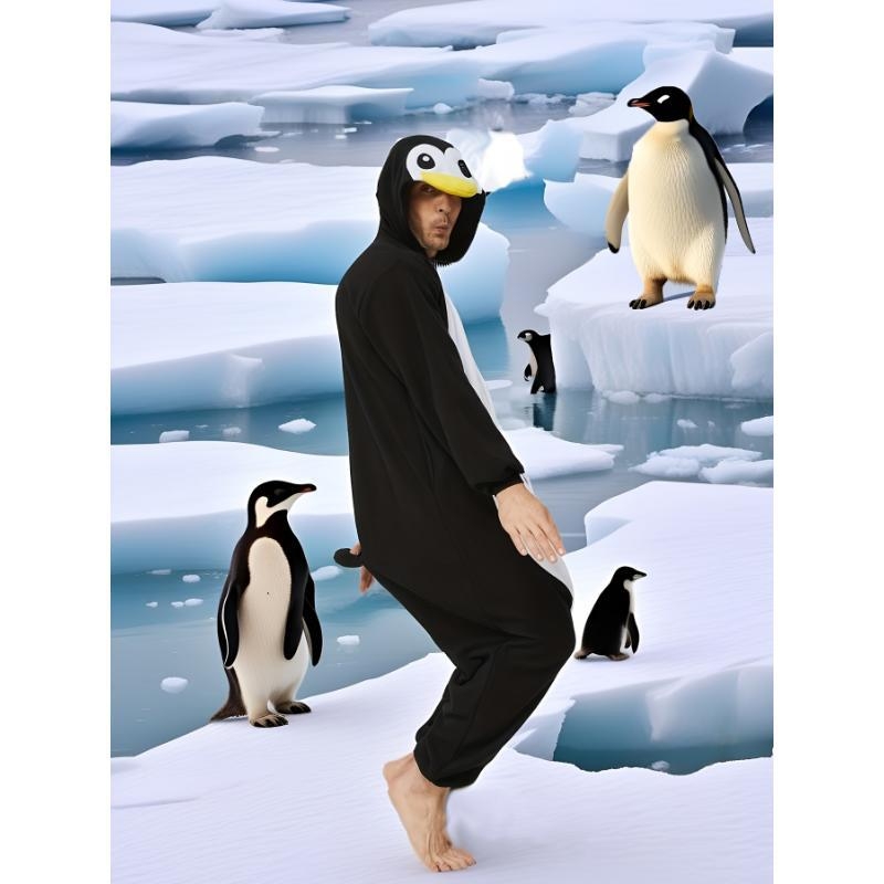 Pieaugušu vīriešu kapucēta pingvīna onesie pidžama – Poliesteris, Half Fleece, Karikatūru stils, Kokvilnas saturs <30%