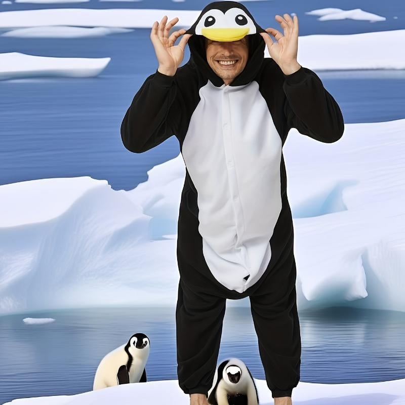 Pieaugušu vīriešu kapucēta pingvīna onesie pidžama – Poliesteris, Half Fleece, Karikatūru stils, Kokvilnas saturs <30%