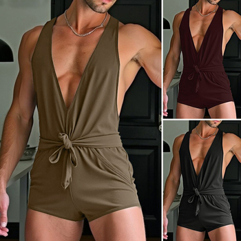 Vīriešu bez piedurknēm kombinezons peldkostīms ar V-veida kaklu un siksnām, poliesters, galvenais audums 90-95%