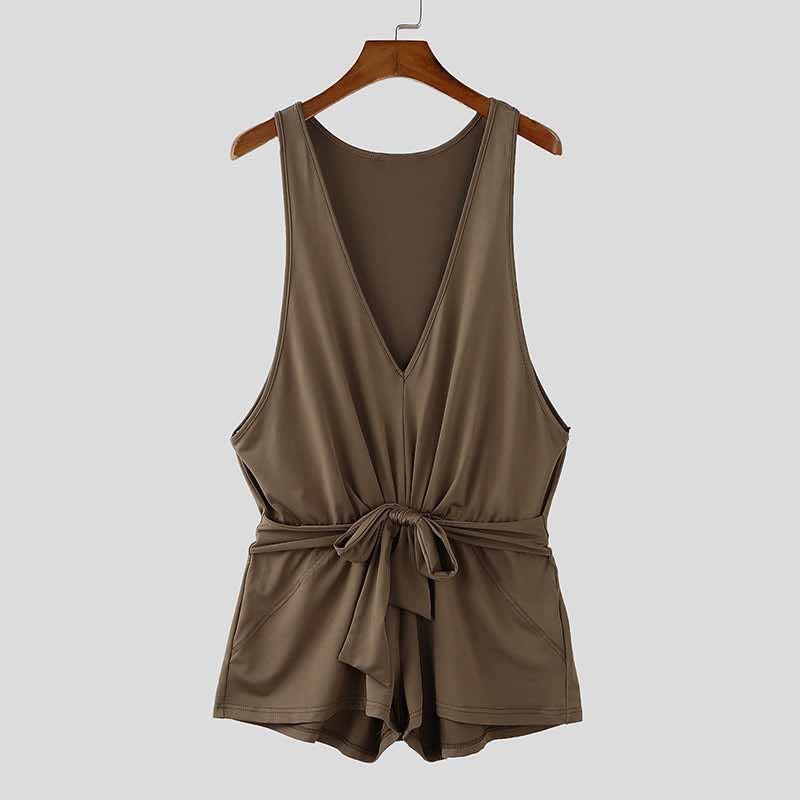 Vīriešu bez piedurknēm kombinezons peldkostīms ar V-veida kaklu un siksnām, poliesters, galvenais audums 90-95%