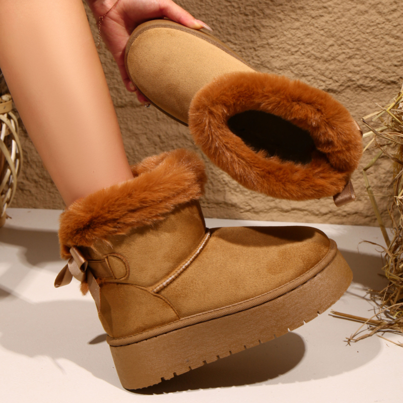Cizme de zăpadă pentru femei, suprafață din velur, căptușeală din blană artificială scurtă, slip-on, până la mijlocul gambei, talpă din cauciuc groasă