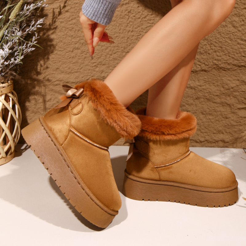 Cizme de zăpadă pentru femei, suprafață din velur, căptușeală din blană artificială scurtă, slip-on, până la mijlocul gambei, talpă din cauciuc groasă