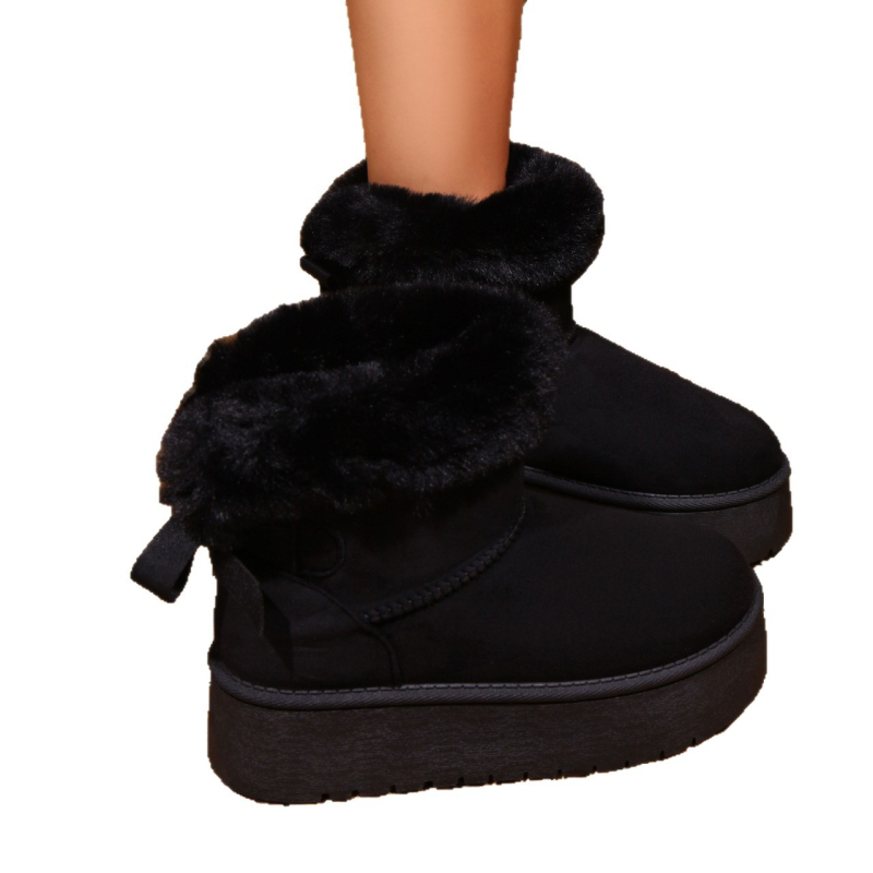 Cizme de zăpadă pentru femei, suprafață din velur, căptușeală din blană artificială scurtă, slip-on, până la mijlocul gambei, talpă din cauciuc groasă