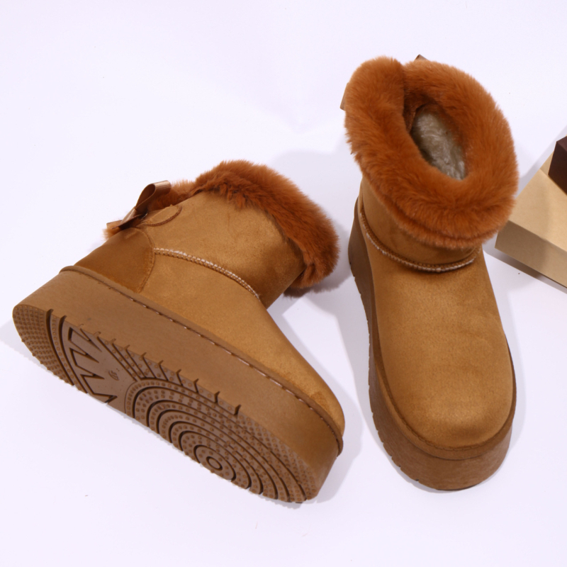 Cizme de zăpadă pentru femei, suprafață din velur, căptușeală din blană artificială scurtă, slip-on, până la mijlocul gambei, talpă din cauciuc groasă