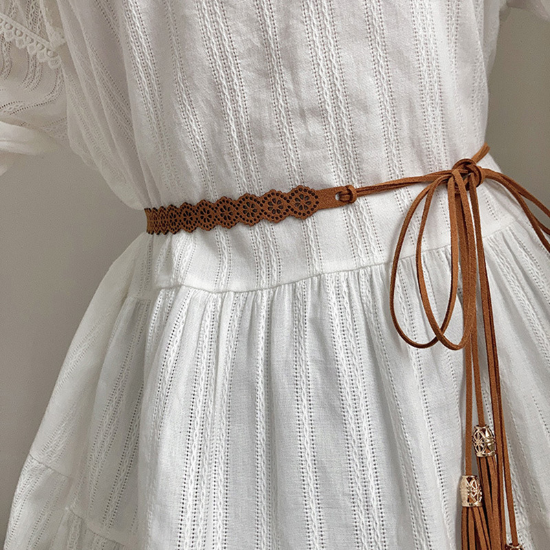 Dekoratīvā jostas ķēde sievietēm, austs materiāls, Korejas etniskais stils ar caurumiem, vasara 2024